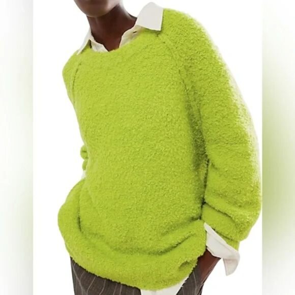 FREE PEOPLE Teddy Sweater Tunic Size L Oversized Lime Green Wool Blend Fuzzy NEW - Picture 3 of 12